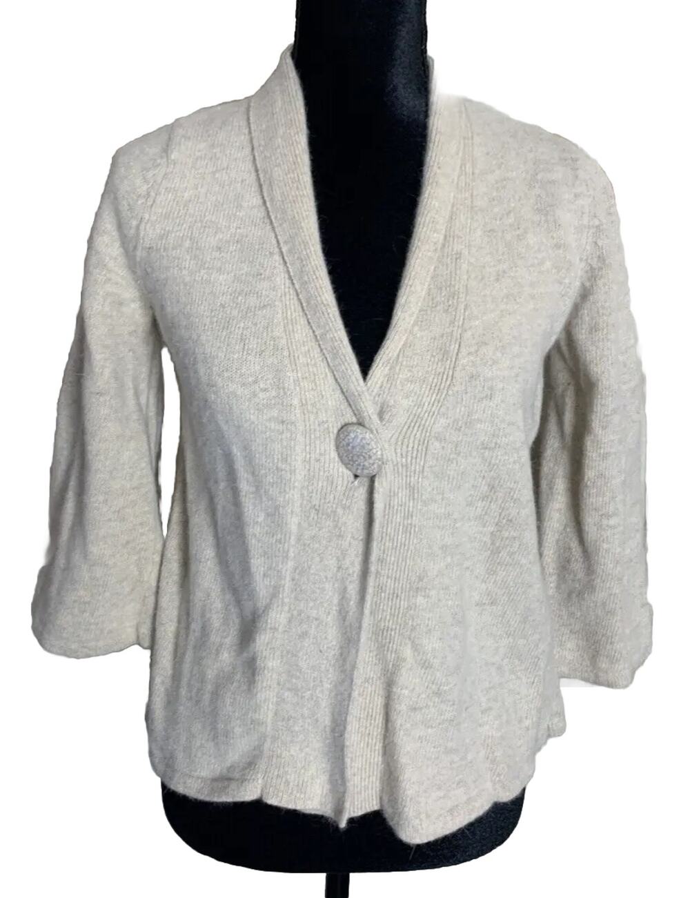 Tweeds Womens Wool Angora Cardigan Size Medium Beige 3/4 Sleeves Cottage Core